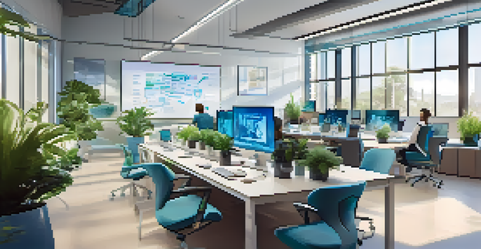 A modern office with advanced technology for remote work, featuring large screens, digital whiteboards, and natural light.