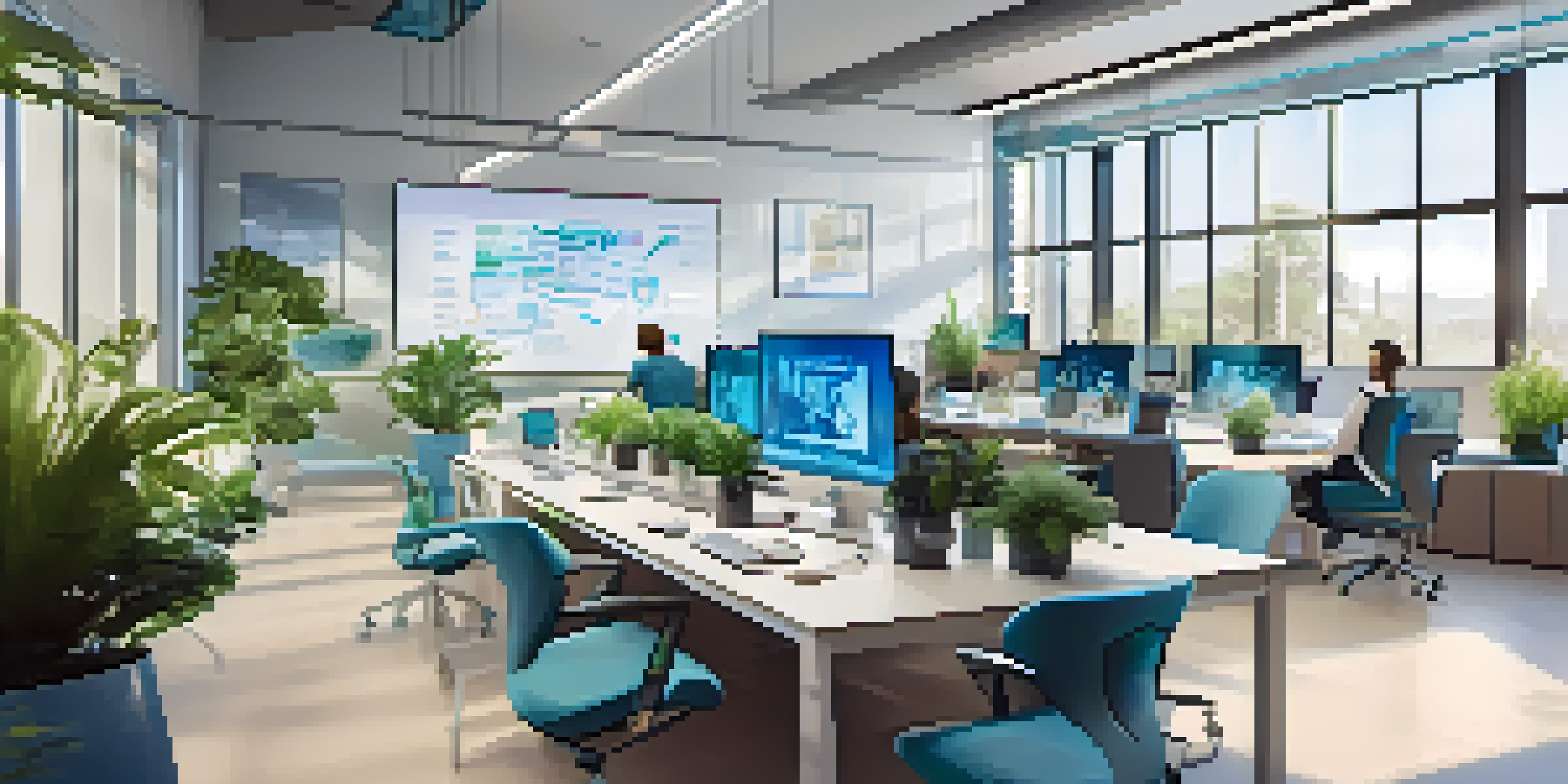 A modern office with advanced technology for remote work, featuring large screens, digital whiteboards, and natural light.