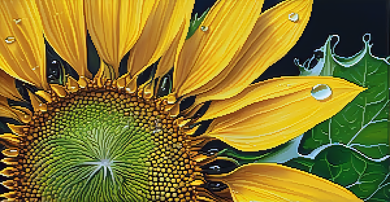 A detailed close-up of a sunflower with dew droplets on its petals, set against a blurred green background.
