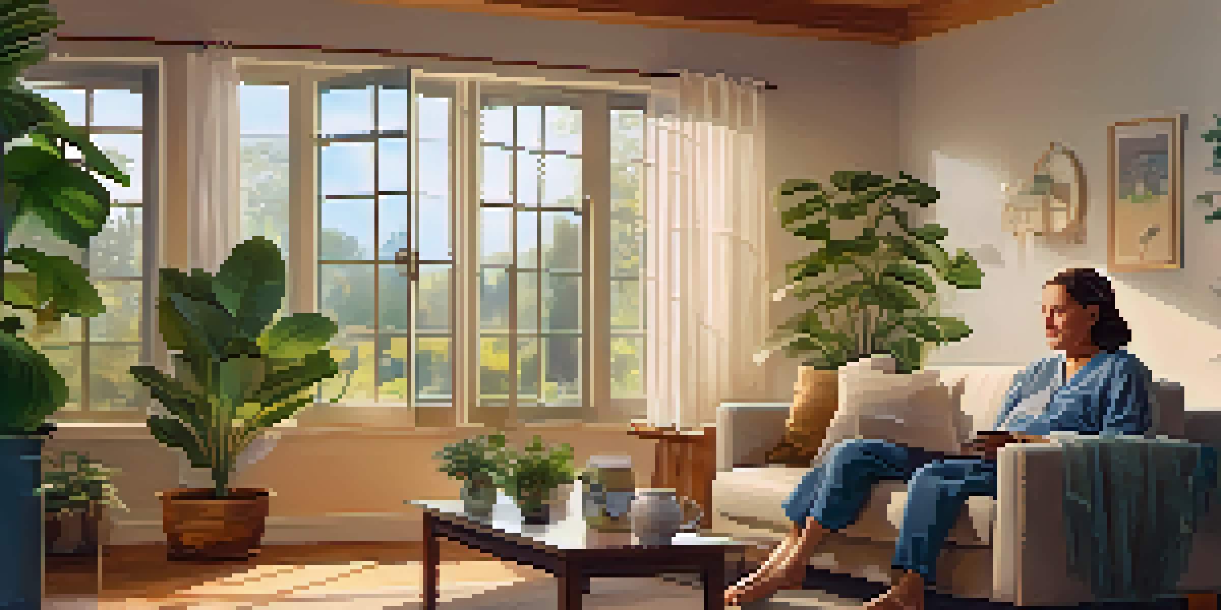 A middle-aged woman sitting on a sofa at home, using a smartwatch to monitor her health, with warm lighting and plants in the background.