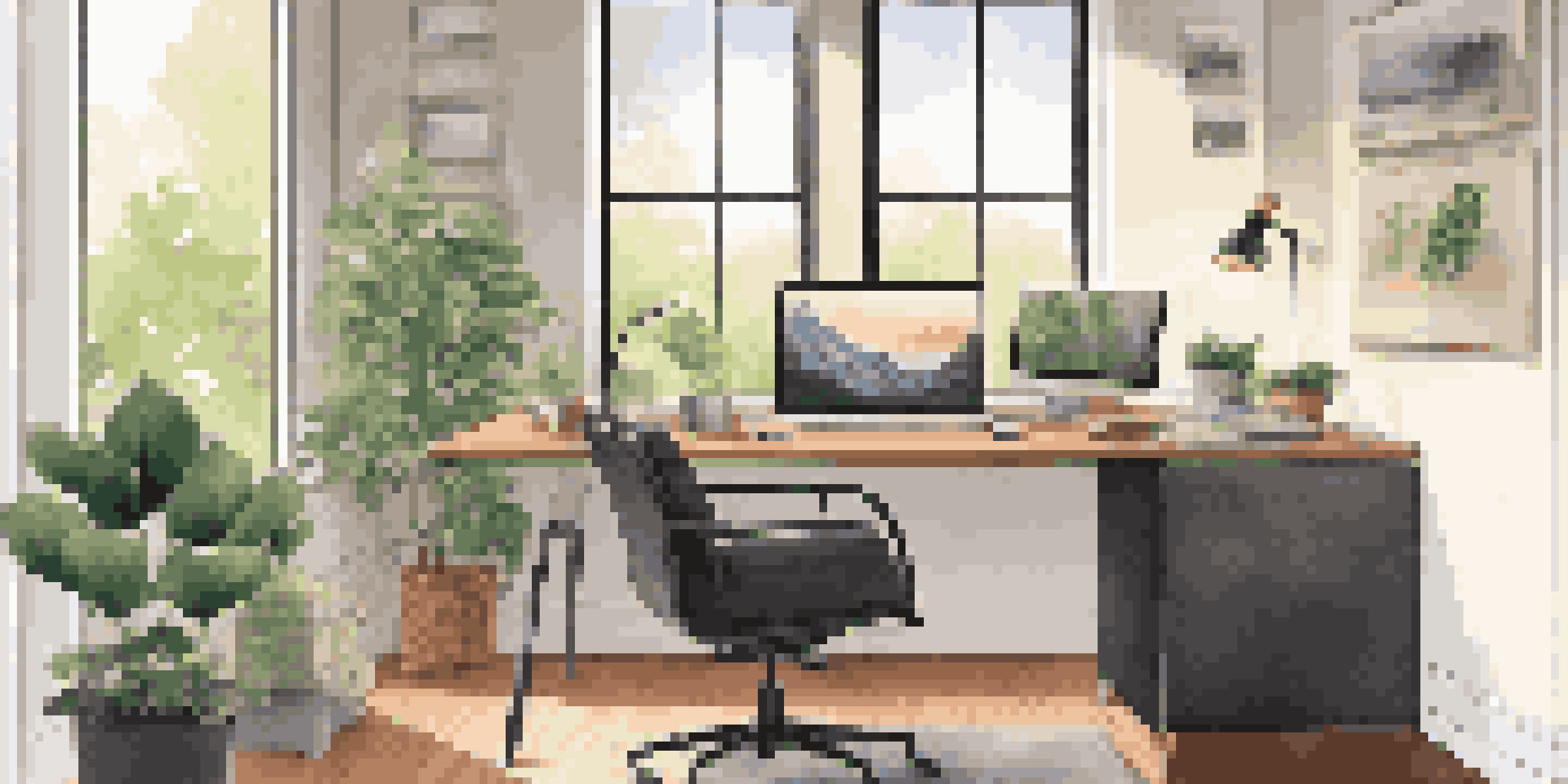 A modern home office with a desk, computer, and a view of greenery outside the window.