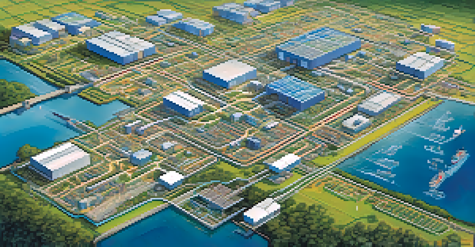 An aerial view of a supply chain system with interconnected nodes and vibrant graphics representing logistics and data flow.