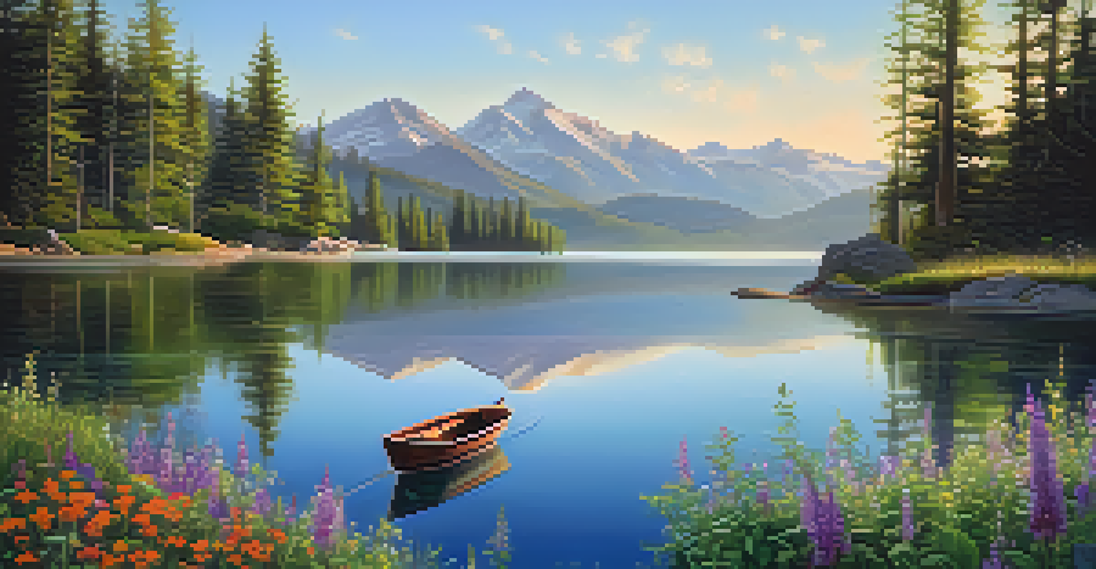 A tranquil nature scene with a lake reflecting mountains and trees, featuring a small boat on the water.