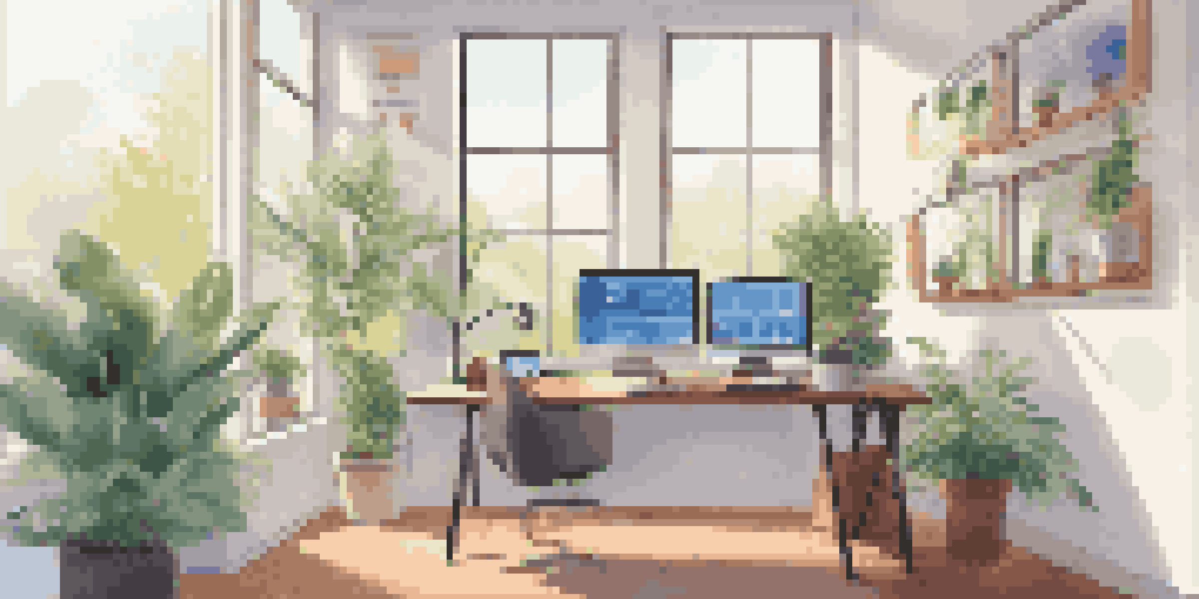 A bright and organized office space with a computer screen displaying a digital asset management interface, sunlight illuminating the room.