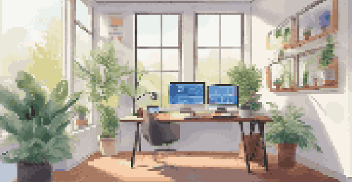 A bright and organized office space with a computer screen displaying a digital asset management interface, sunlight illuminating the room.