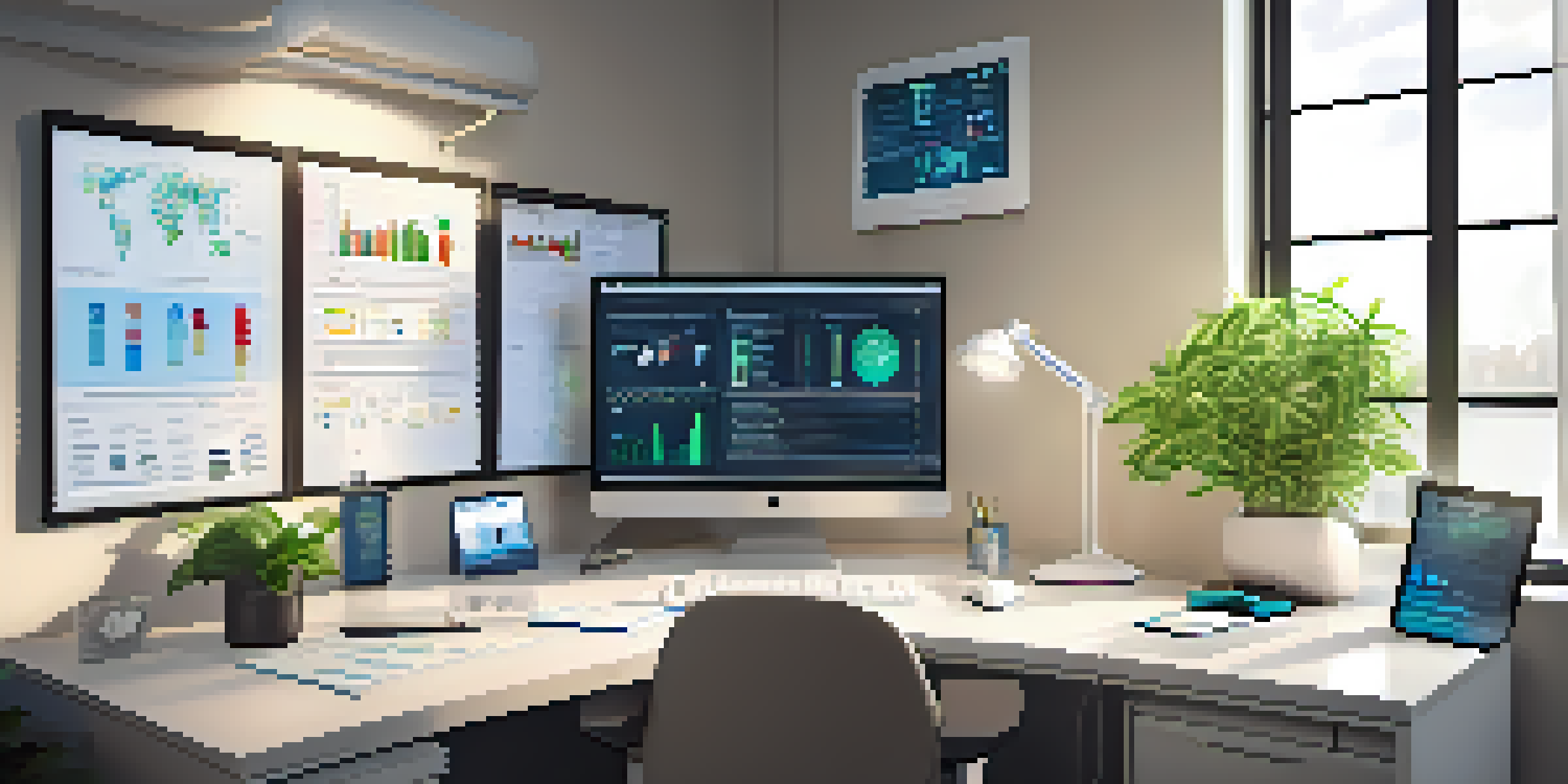 A modern healthcare office showcasing a computer with cybersecurity software amidst medical charts and digital tablets, illuminated by natural light.