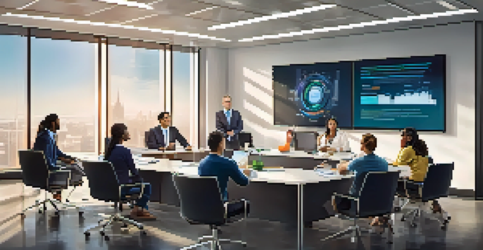 A diverse group of employees in a bright office attending a data privacy training session with a large screen displaying cybersecurity graphics.