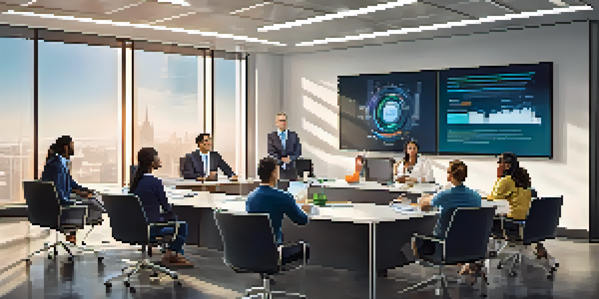 A diverse group of employees in a bright office attending a data privacy training session with a large screen displaying cybersecurity graphics.