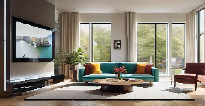 A modern living room with virtual furniture and decor overlaid, illuminated by natural light coming through large windows.