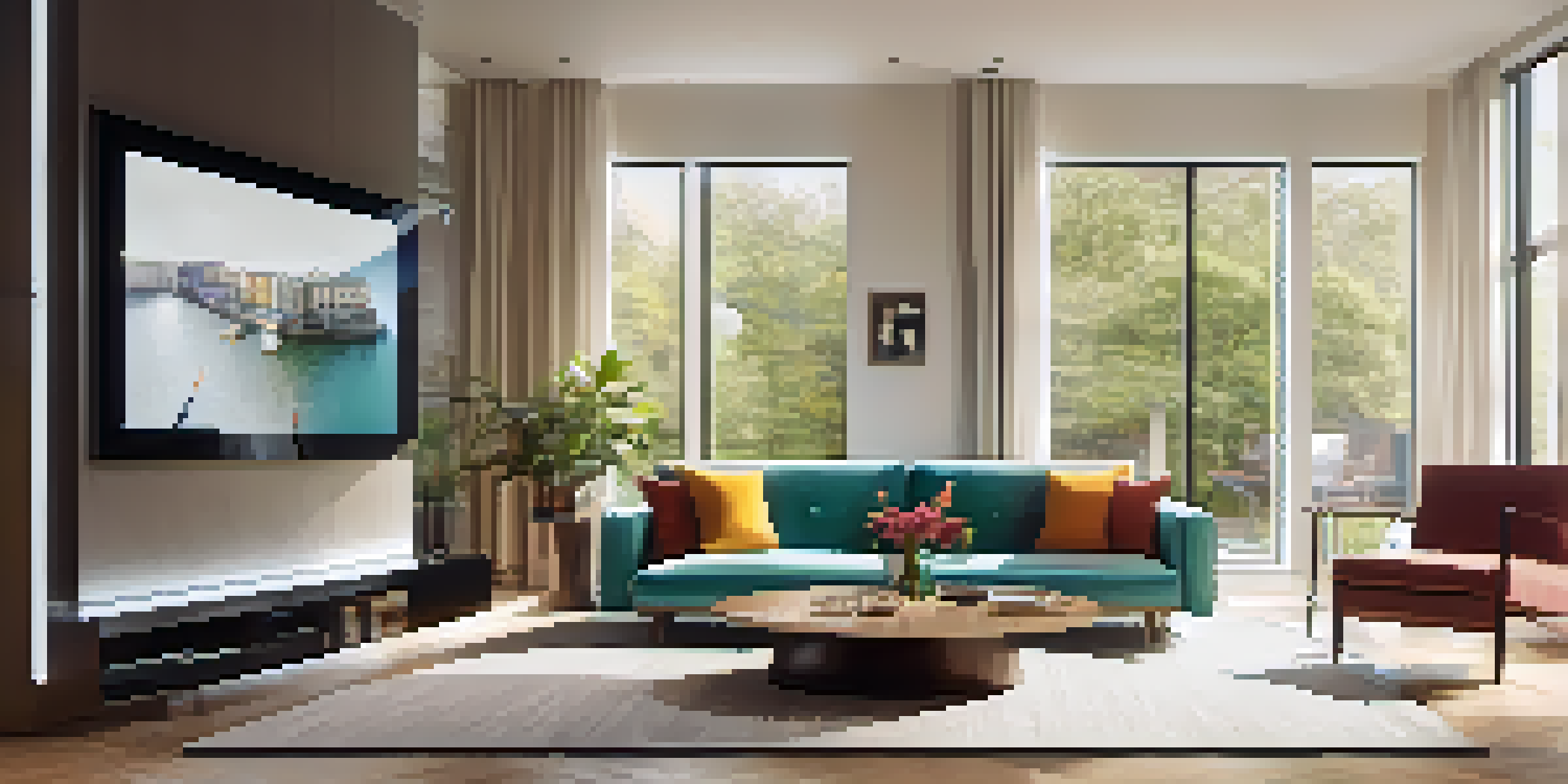 A modern living room with virtual furniture and decor overlaid, illuminated by natural light coming through large windows.