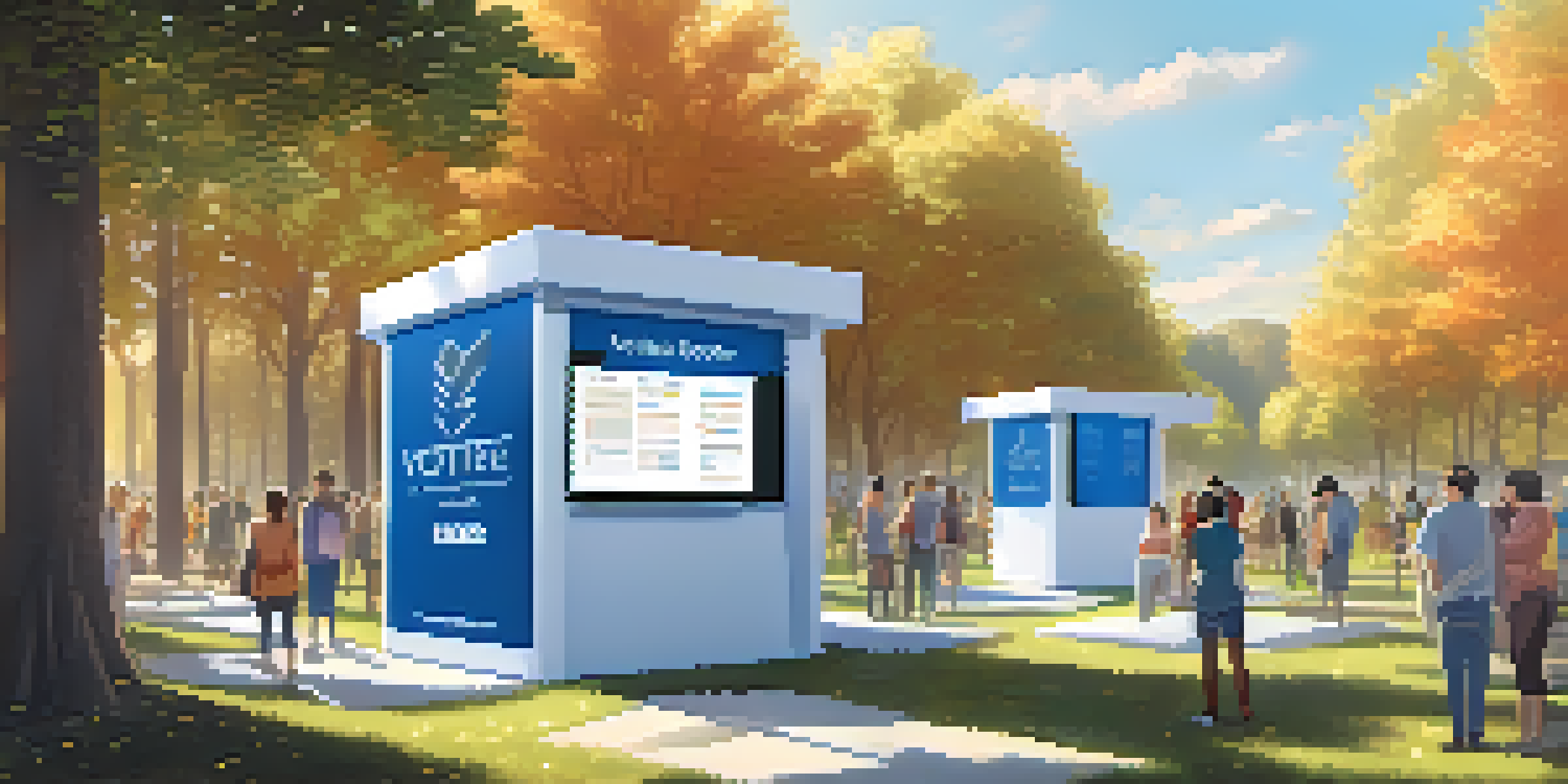 An outdoor scene depicting a digital voting booth surrounded by trees, with a diverse group of people using tablets to vote under a clear blue sky.