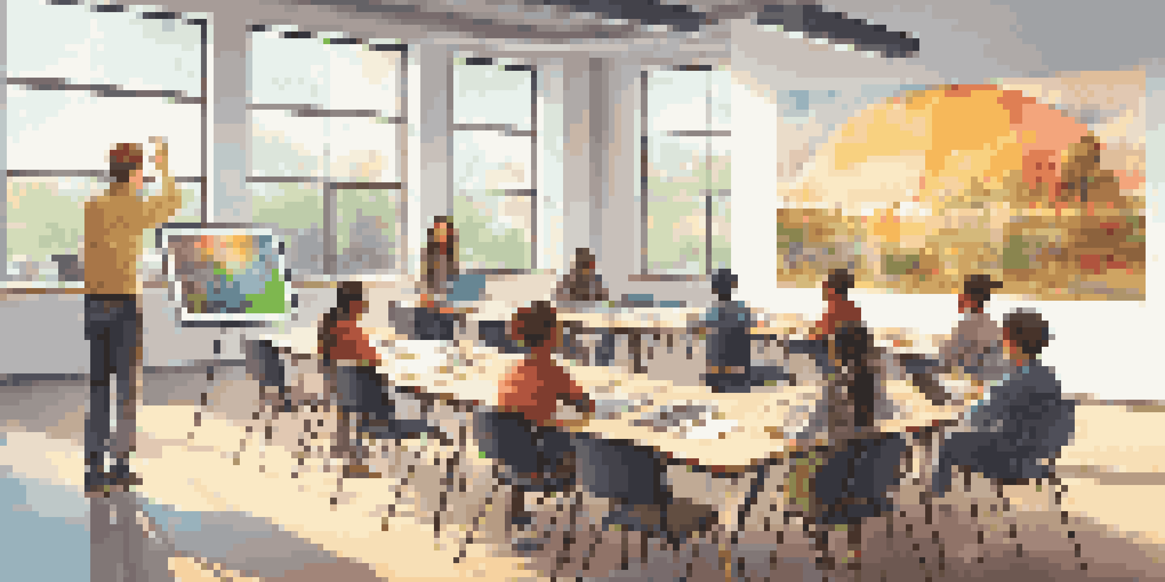 A bright classroom with a digital screen, students engaged in discussion around a circular table with laptops.
