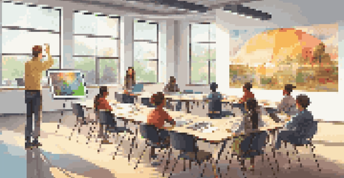 A bright classroom with a digital screen, students engaged in discussion around a circular table with laptops.