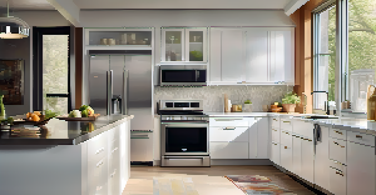A modern kitchen featuring smart appliances and voice assistant technology, with bright lighting and a sunny view.