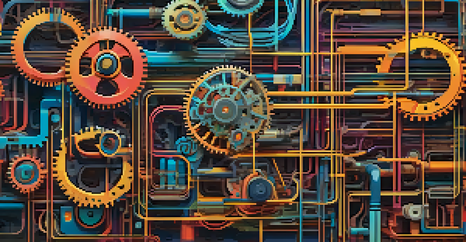 Abstract gears and pipelines representing CI/CD, with vibrant colors and digital screens showing code.