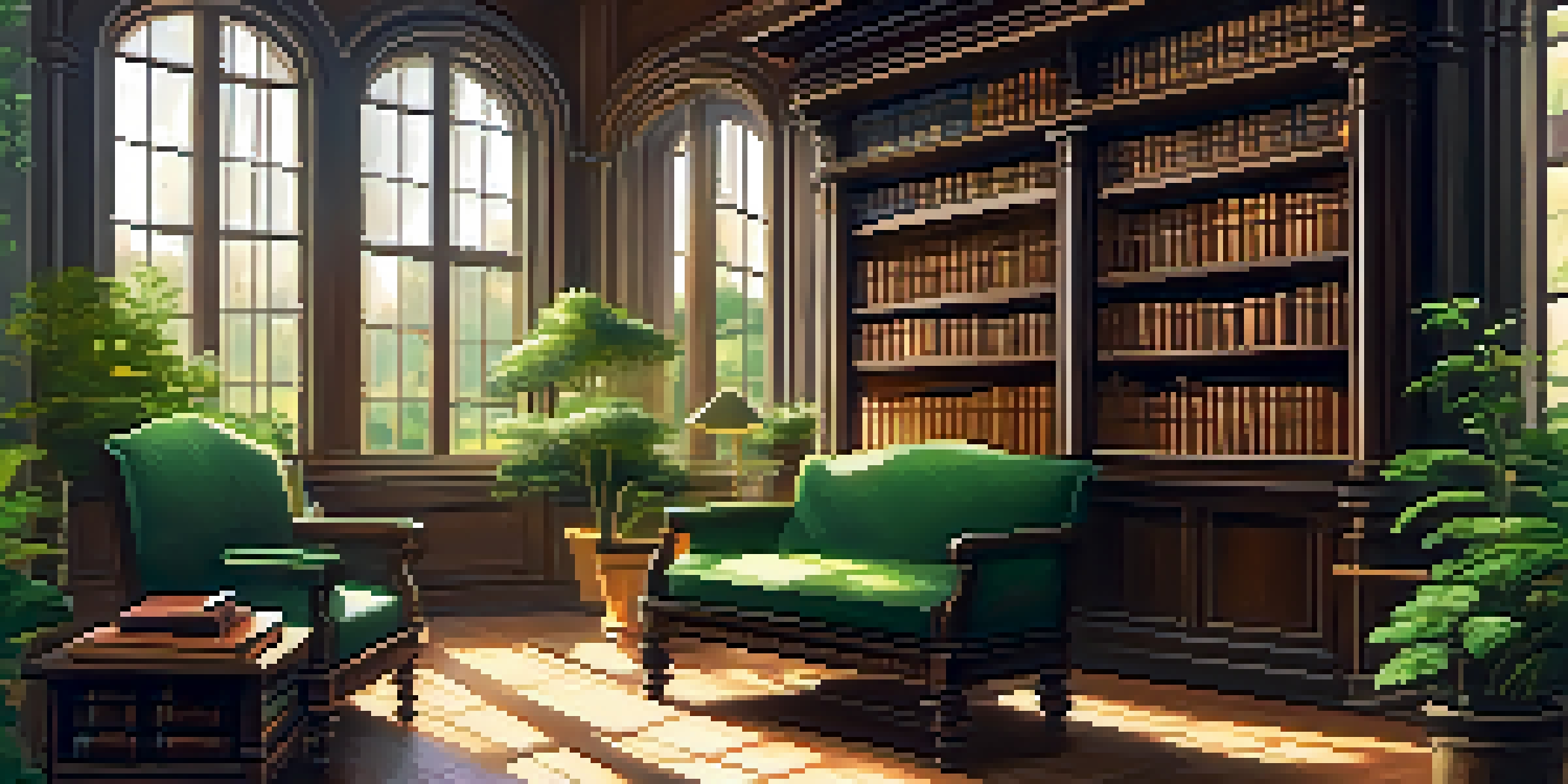 A cozy library filled with ancient books, sunlight streaming through windows, with green plants and comfortable seating.