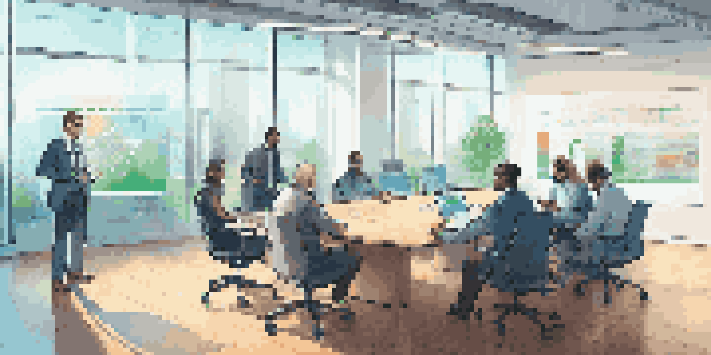 A diverse group of professionals in a modern office discussing supplier audits, with a digital screen showing a blockchain diagram.