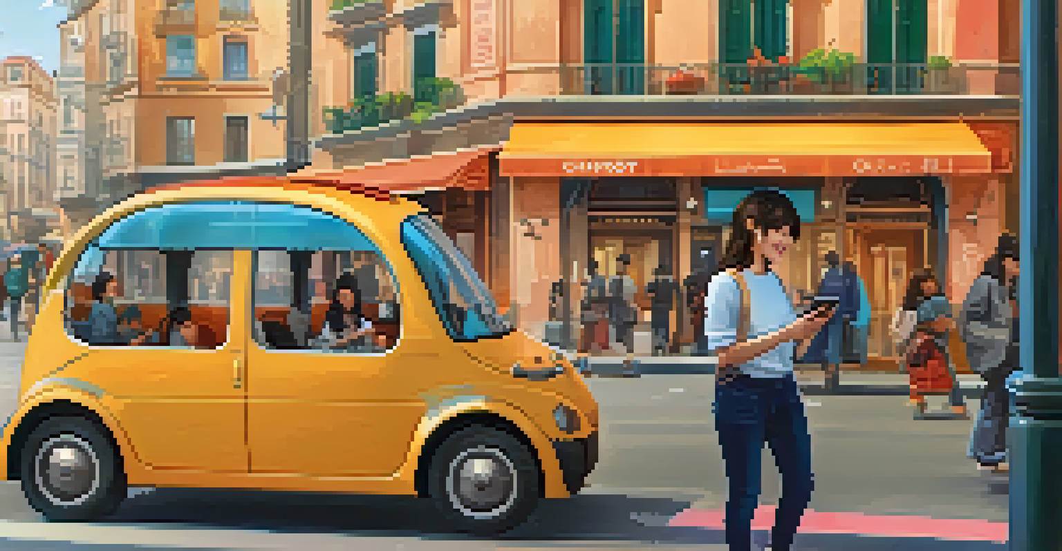 A traveler using a smartphone to interact with a multilingual chatbot in a foreign city.