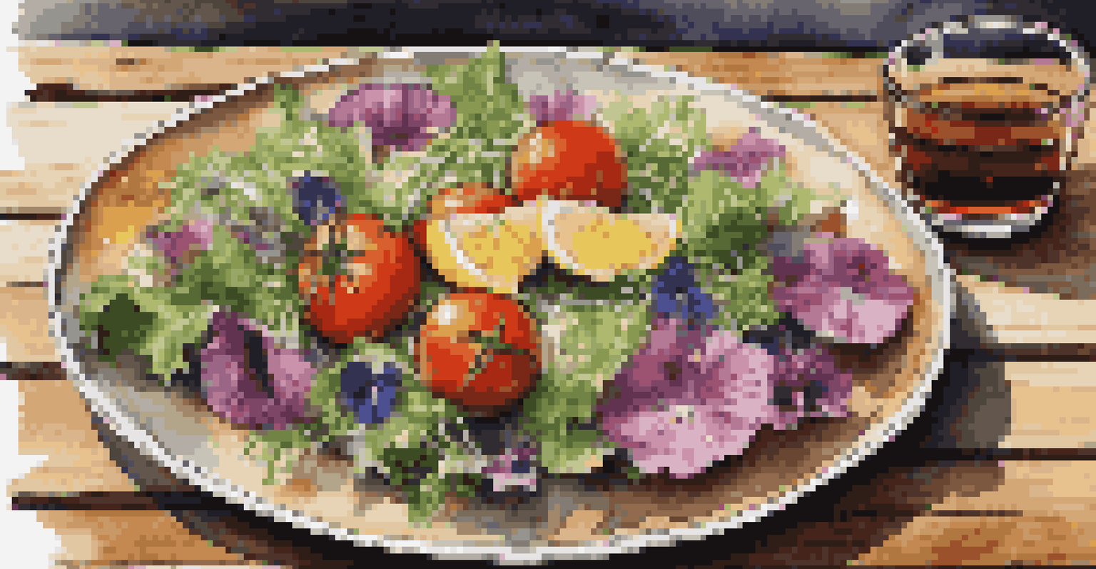 A gourmet plate of salad with colorful vegetables and edible flowers on a rustic wooden table.
