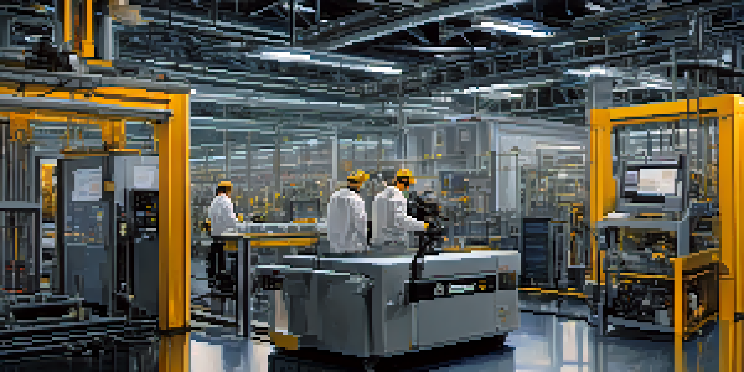 A modern manufacturing facility featuring advanced machinery and a digital dashboard displaying real-time data analytics, with technicians in safety gear.