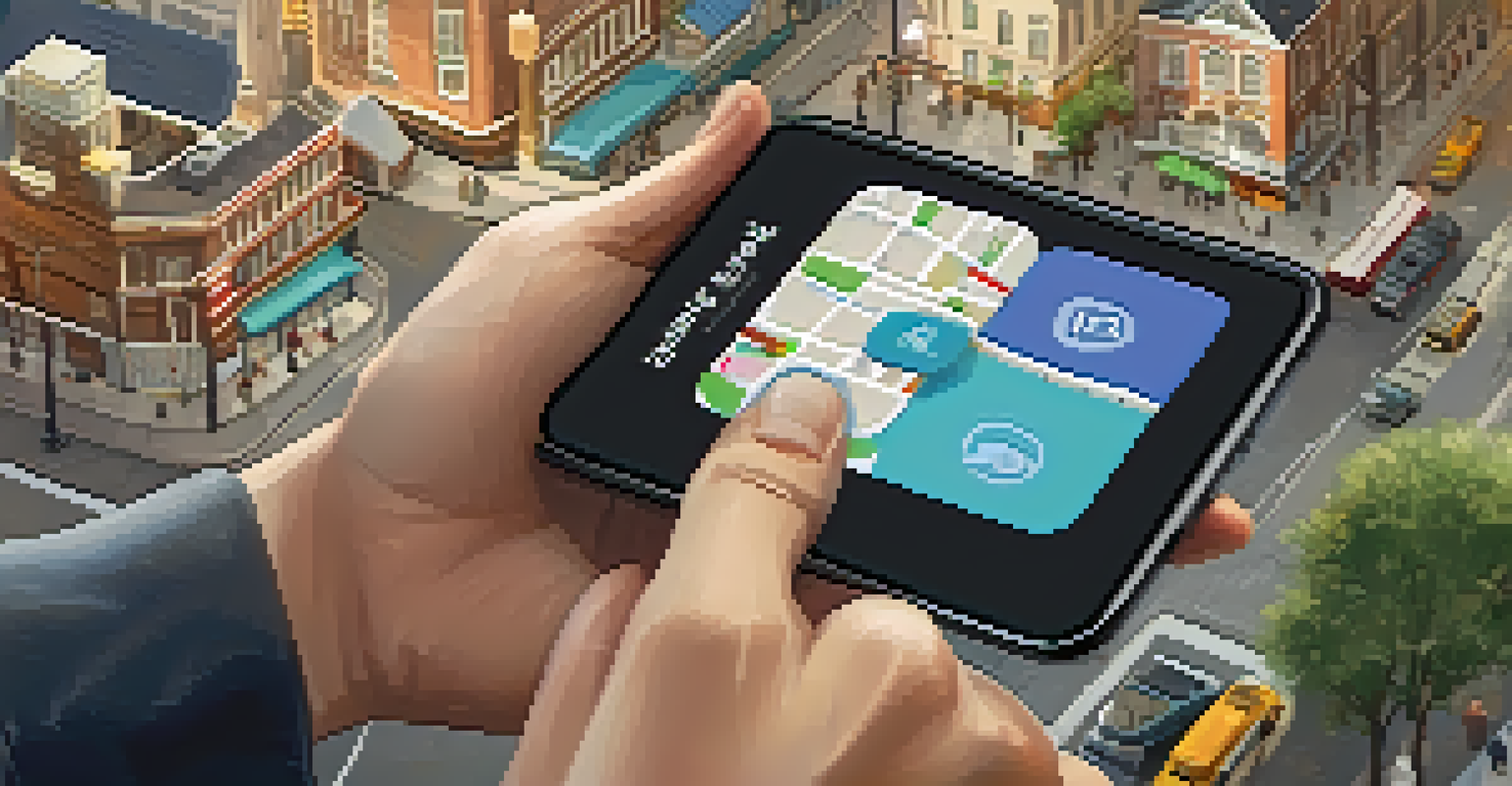 Close-up of hands holding a smartphone with a citizen engagement app, set against a blurred city background.