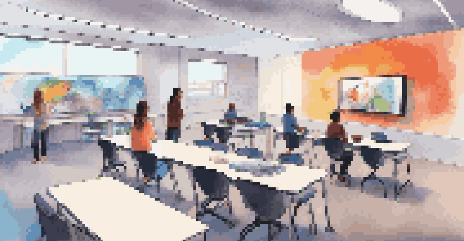 A modern classroom with students using virtual reality headsets and interactive screens for creative projects, guided by a teacher.