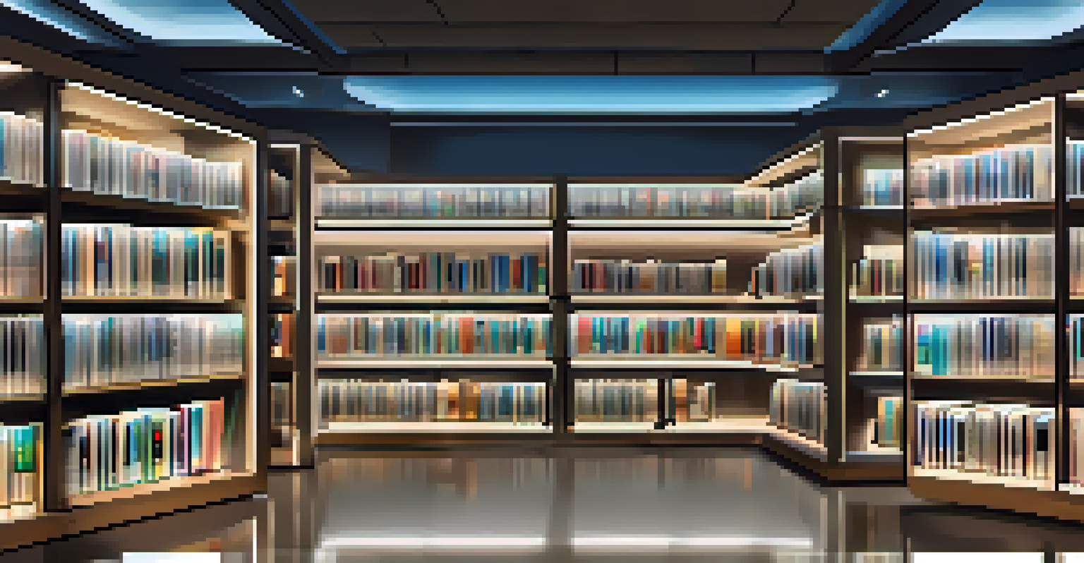 A futuristic digital library with shelves of e-books and music files represented as glowing icons.