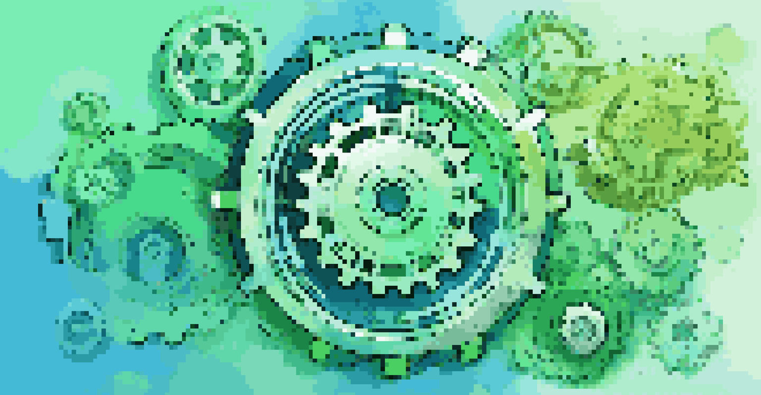 An abstract design representing low-code development with gears, code snippets, and user-friendly icons on a blue and green gradient background.