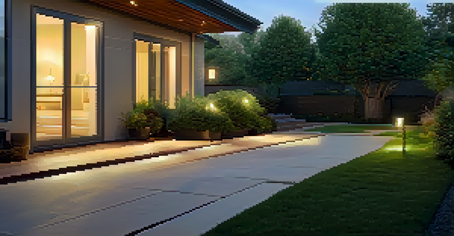 An outdoor scene at dusk with a motion sensor light illuminating a pathway to a modern house.