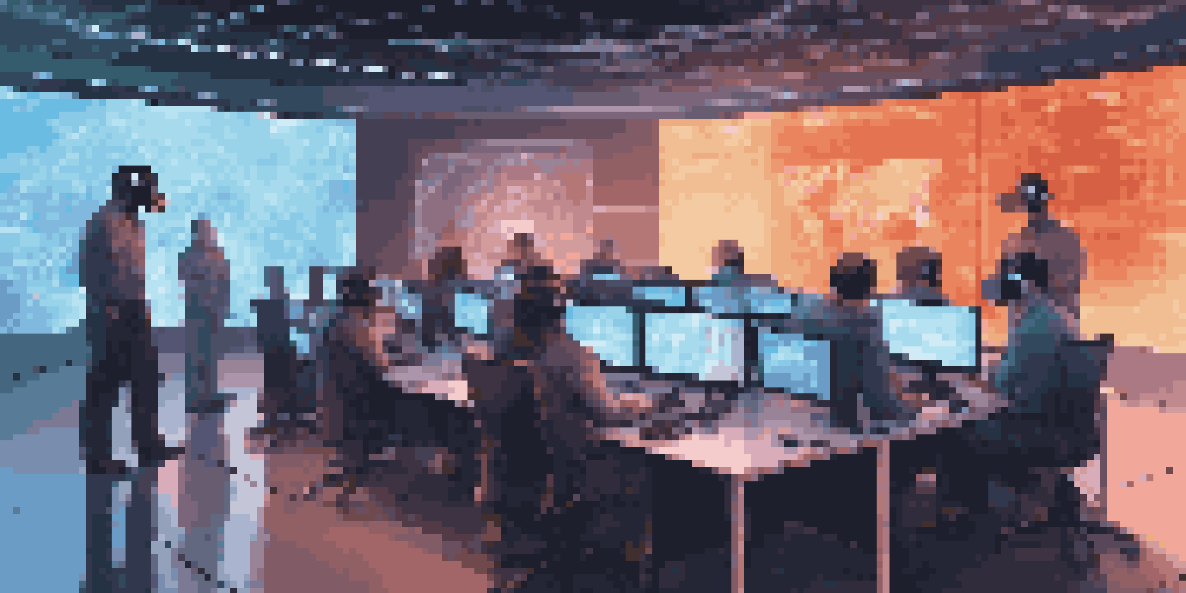 A virtual reality training room with professionals wearing VR headsets, engaged in a cybersecurity simulation with glowing screens around them.