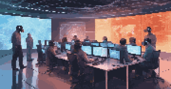 A virtual reality training room with professionals wearing VR headsets, engaged in a cybersecurity simulation with glowing screens around them.