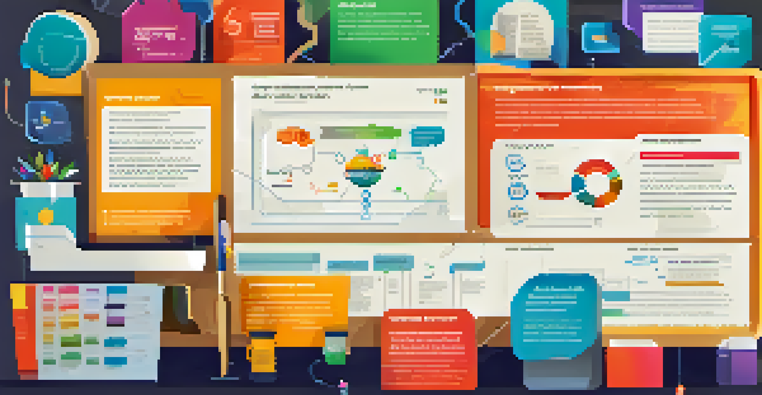 An infographic illustrating key features of SEO tools with icons for keyword research, backlink analysis, and site audits in a colorful layout.