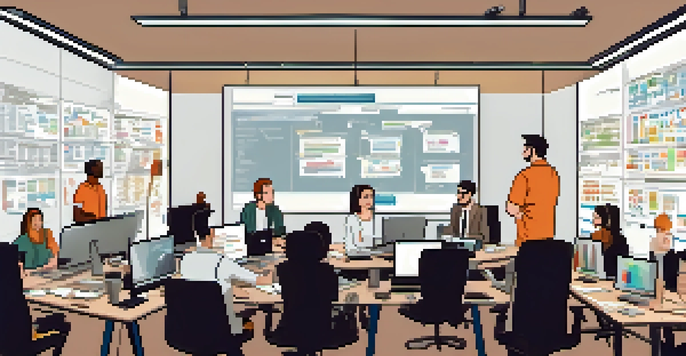 A diverse software development team in a bright meeting room, collaborating on test automation strategies with laptops and screens showing code.