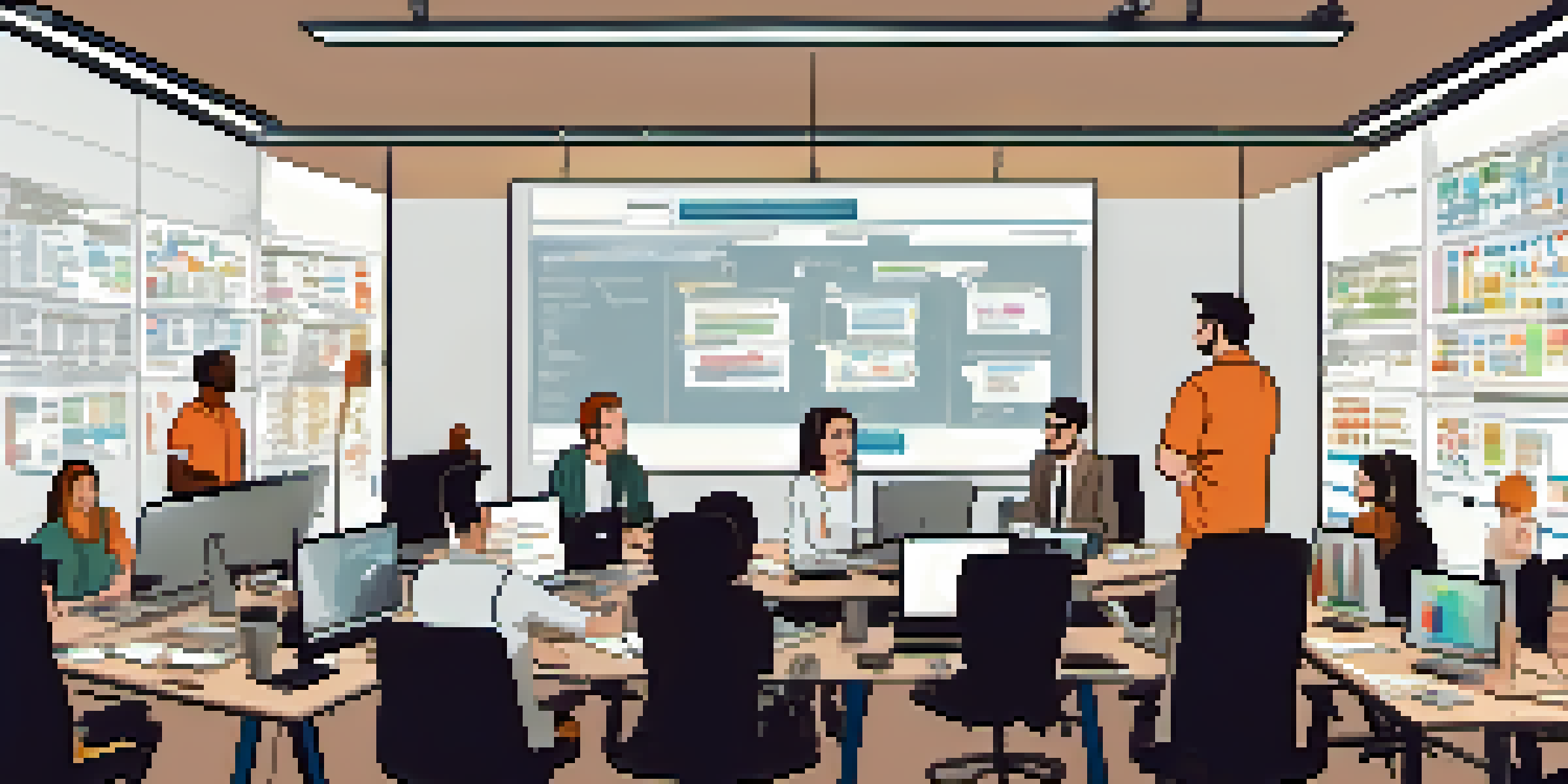 A diverse software development team in a bright meeting room, collaborating on test automation strategies with laptops and screens showing code.