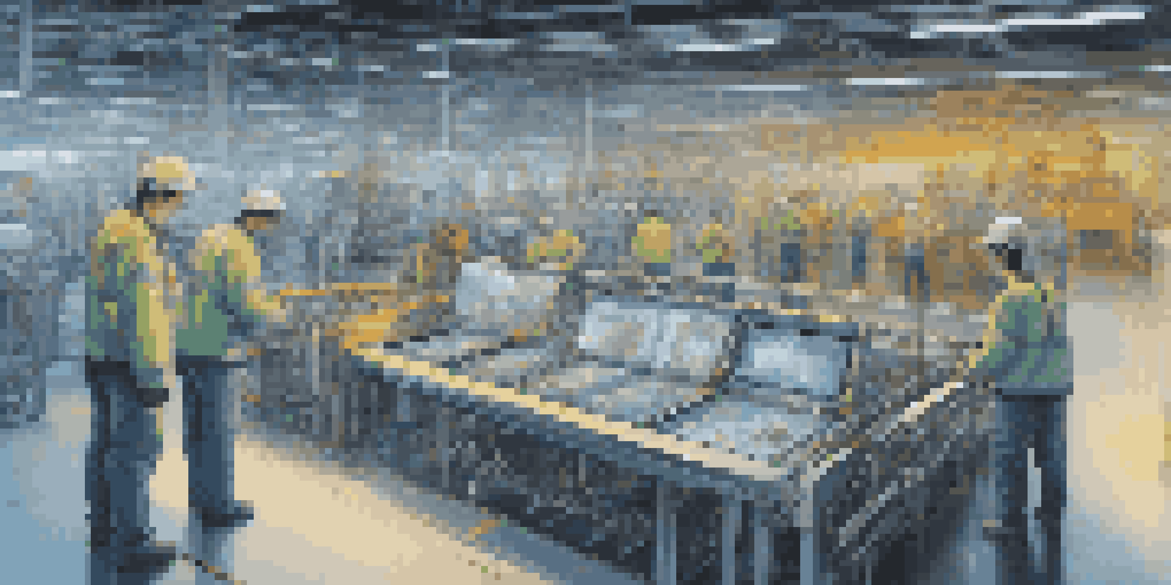 A futuristic factory floor with digital twin holographic displays, featuring workers analyzing data.