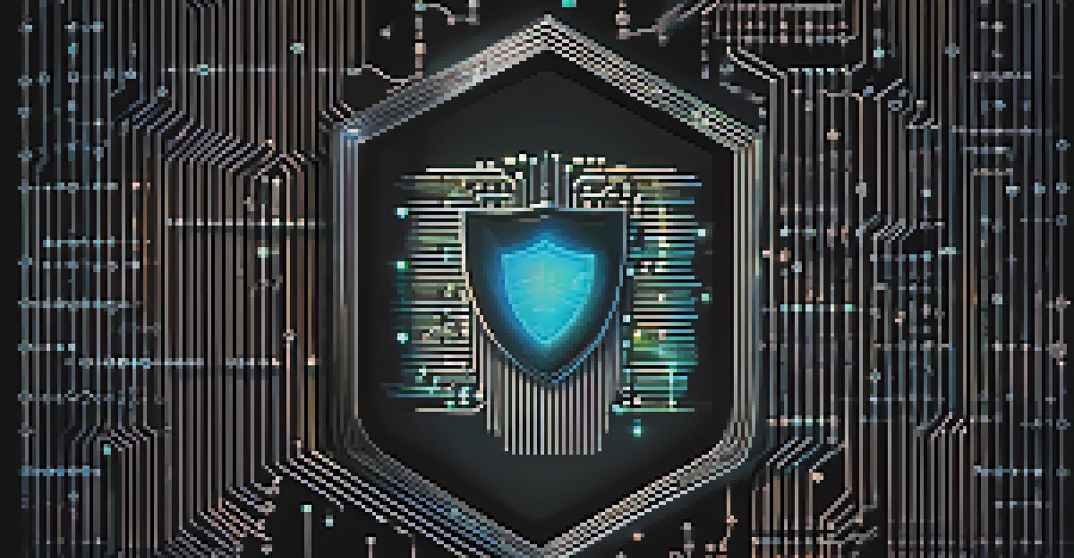 An abstract image depicting a glowing digital shield made of binary code against a dark background, with circuit patterns and technology icons.