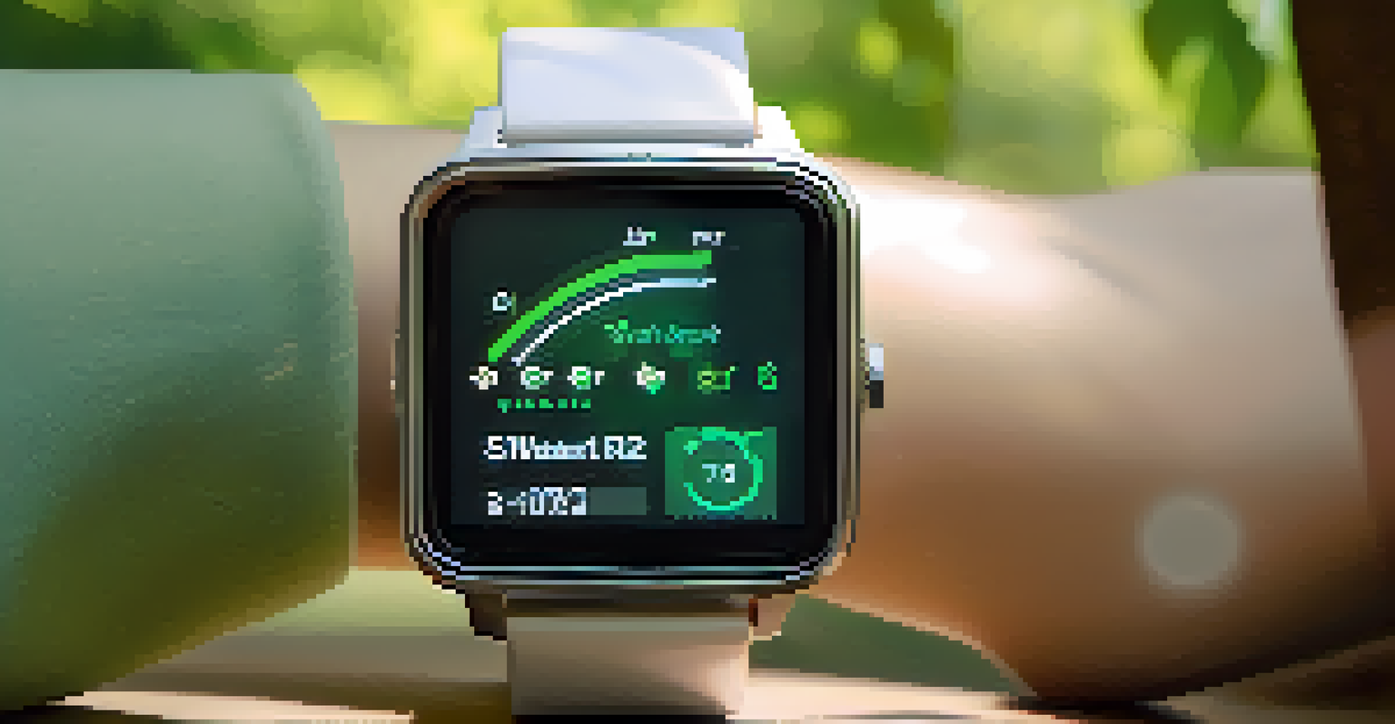 A close-up of a smartwatch in a park, displaying health metrics like heart rate.