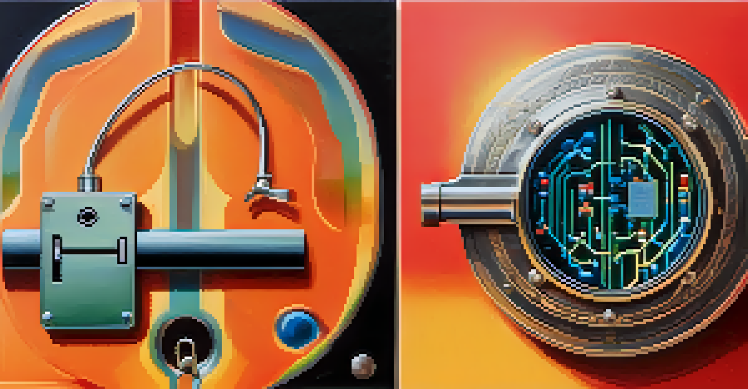 A split image showing traditional lock and key on one side and futuristic quantum circuits on the other.