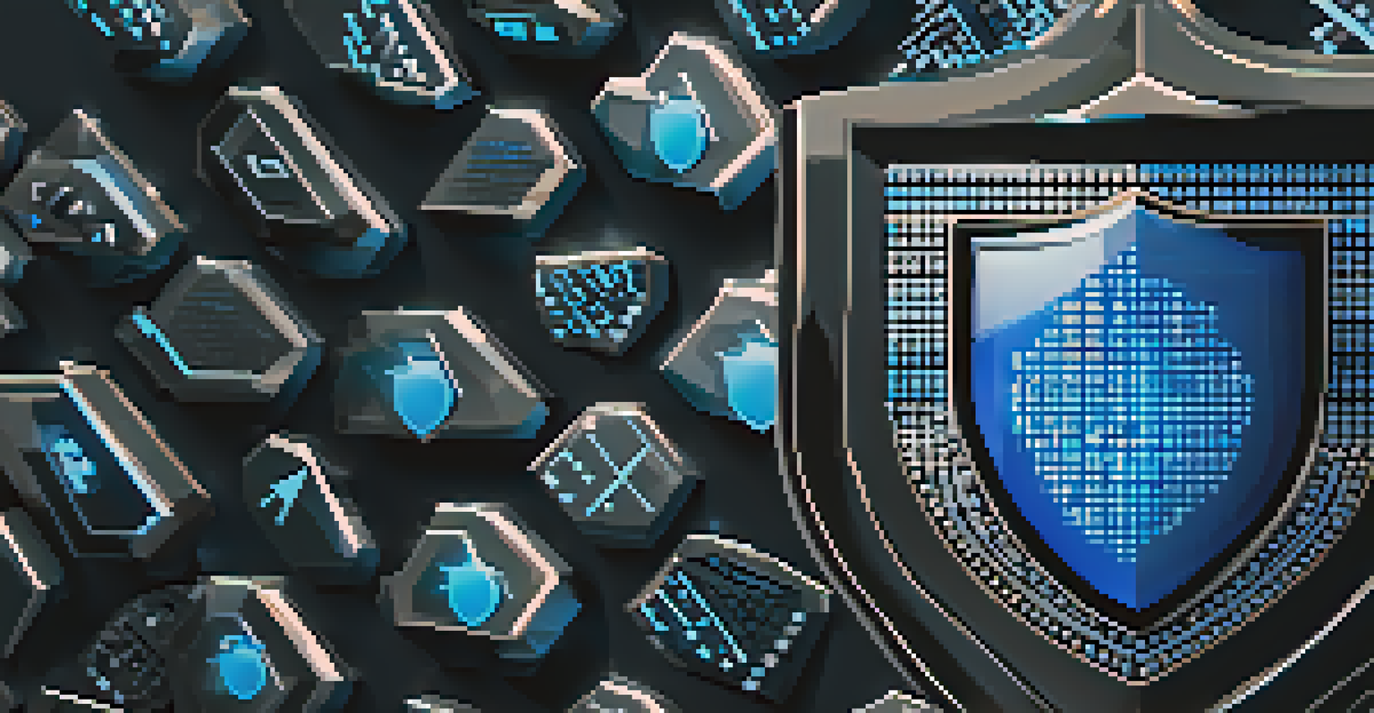 A glowing blue shield made of binary code, surrounded by digital elements symbolizing data protection.