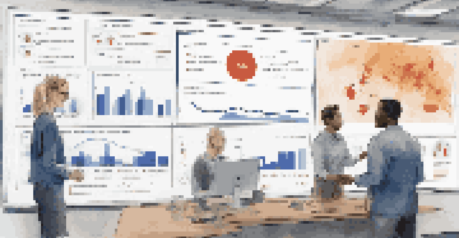 A modern office setting with a large digital dashboard displaying analytics for a non-profit organization, with staff members looking at it.