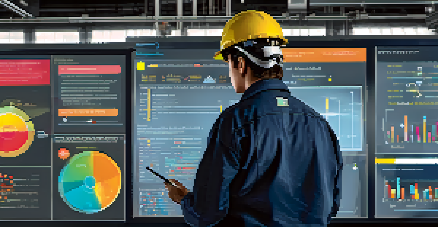 A factory worker using a digital dashboard with predictive maintenance alerts in a manufacturing setting.