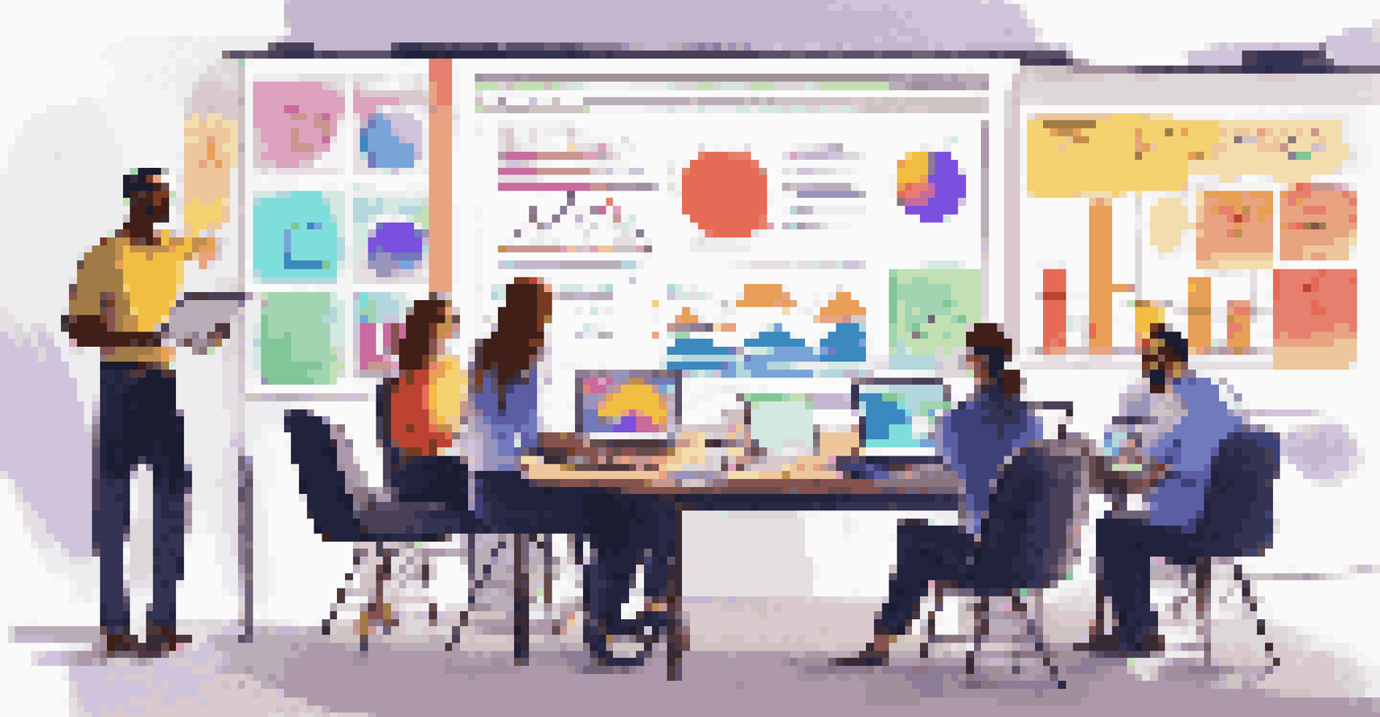 A diverse team of professionals in a marketing meeting, analyzing data and collaborating around a table filled with laptops and sticky notes.