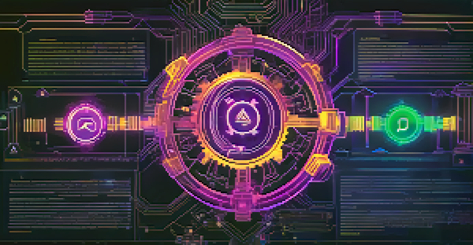 An artistic representation of a smart contract on a blockchain with gears and circuit patterns, highlighting automation.