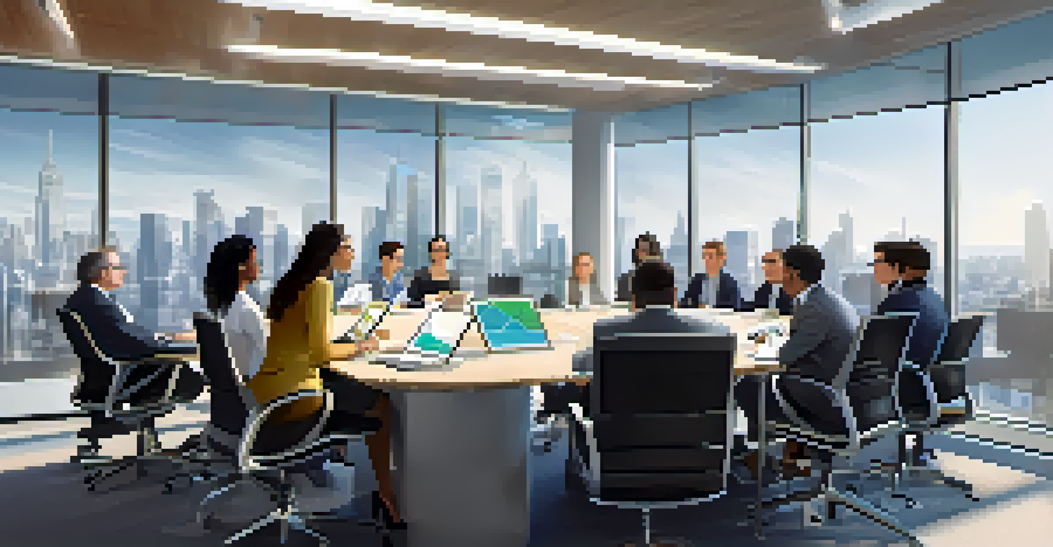 A diverse team of professionals discussing data governance in a modern conference room with laptops and charts.
