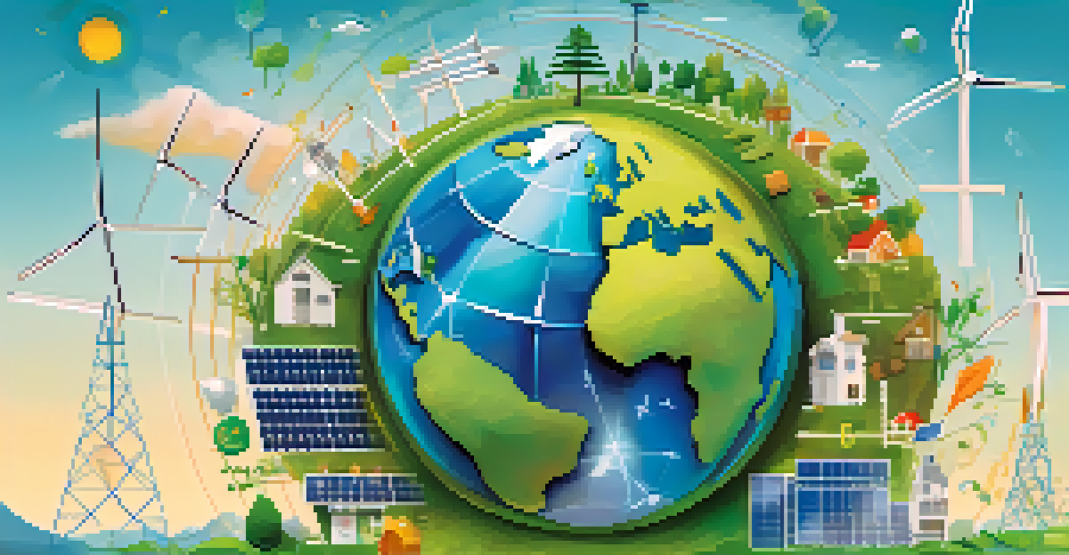 An abstract globe surrounded by icons of renewable energy sources representing sustainability.