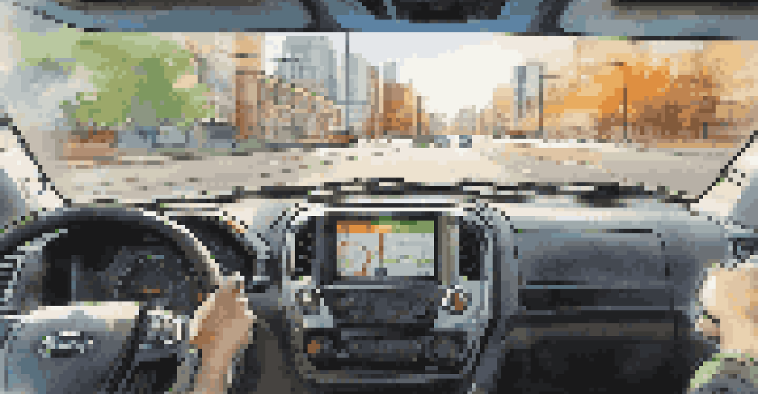 Close-up of a delivery truck dashboard displaying telematics data with a cityscape blurred in the background.