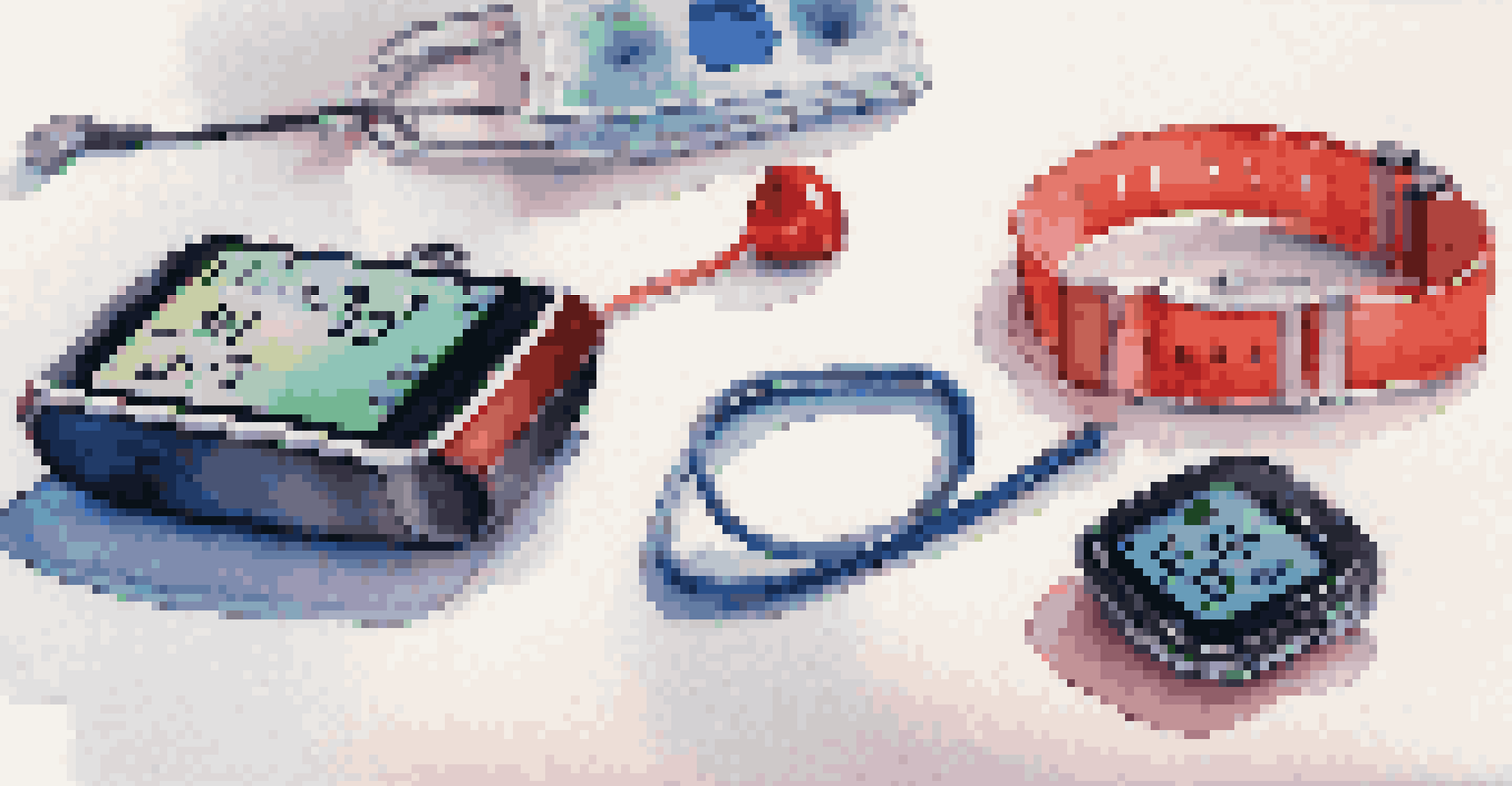 A collection of modern telemonitoring devices on a table, including a smartwatch, glucose monitor, and blood pressure cuff, displayed in a well-lit setting.