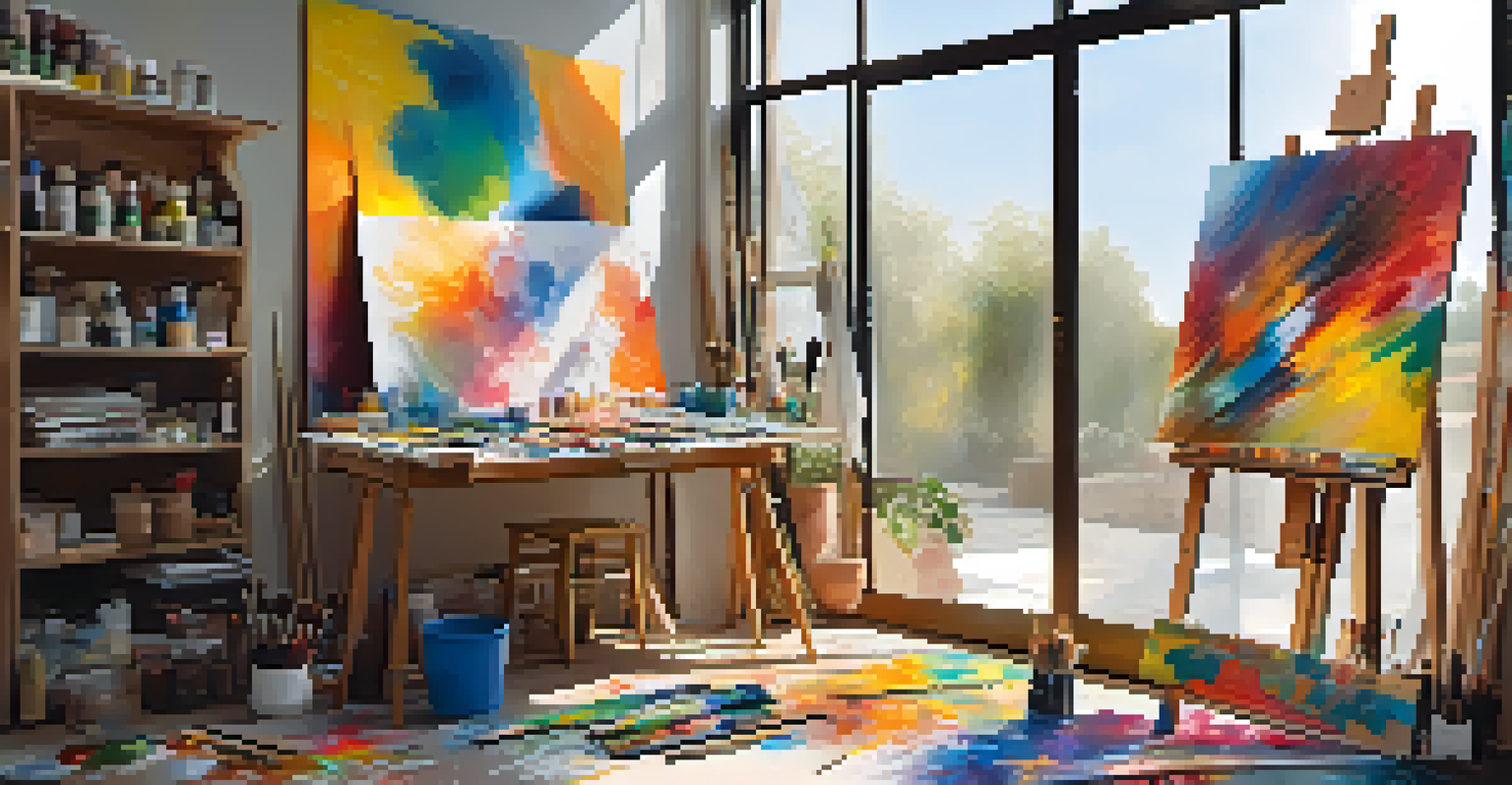 An artist's studio cluttered with paint supplies and an unfinished abstract painting on an easel, bathed in natural light from a large window, showcasing a vibrant and creative environment.