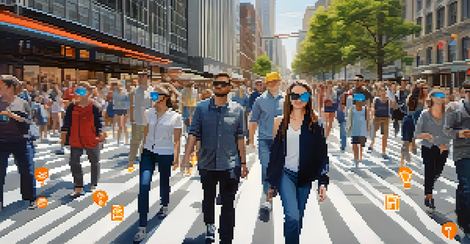 A person with visual impairment using augmented reality glasses in a lively city, with highlighted paths and obstacles displayed around them.