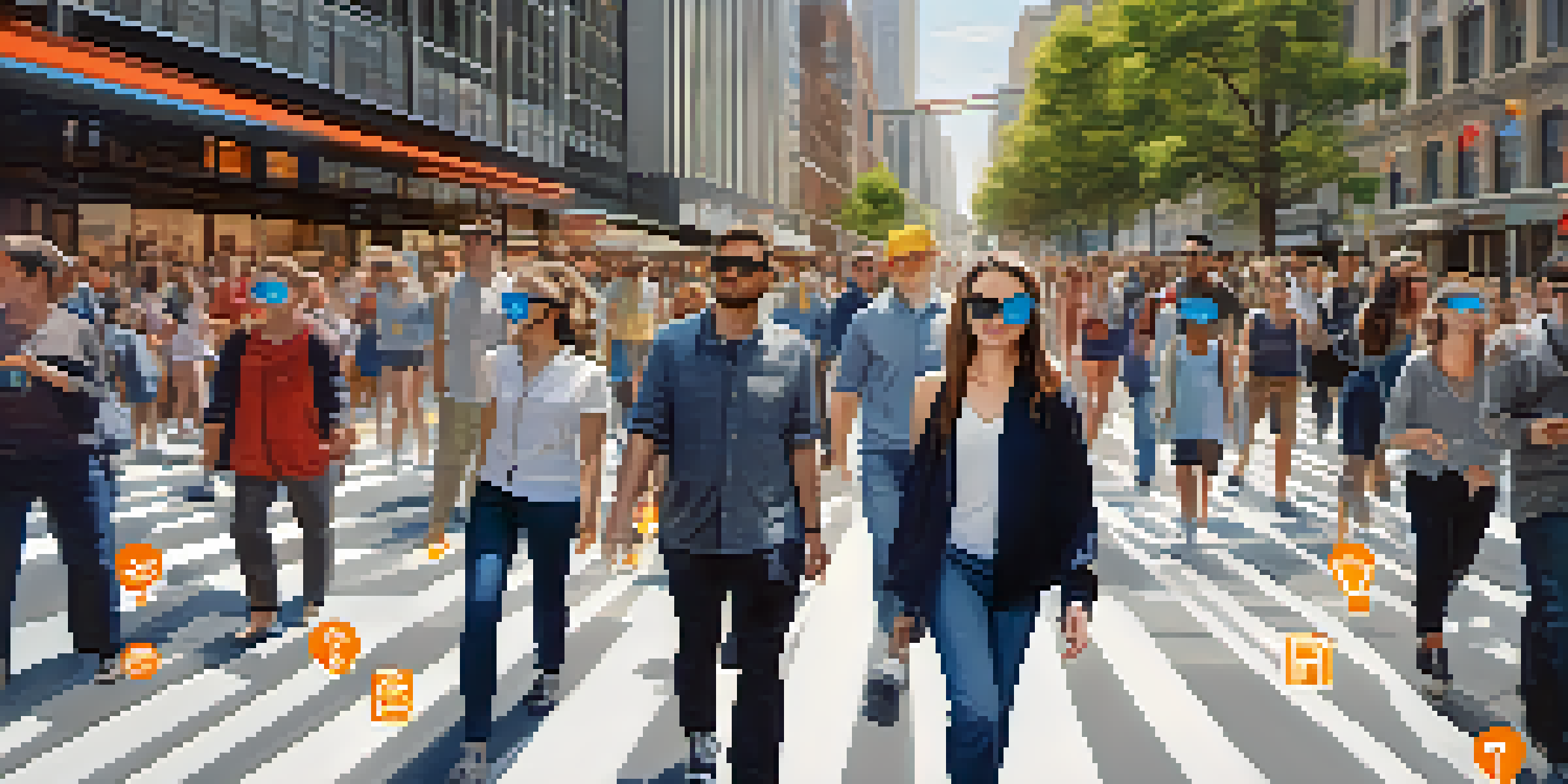 A person with visual impairment using augmented reality glasses in a lively city, with highlighted paths and obstacles displayed around them.
